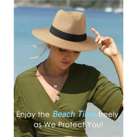 Panama straw sun hat wide brim fedora beach hat UV protection summer travel - Picture 6 of 7